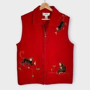 🍂🍁 Lisa International 100% Boiled Wool Vest 1X Red Monkey Theme EUC